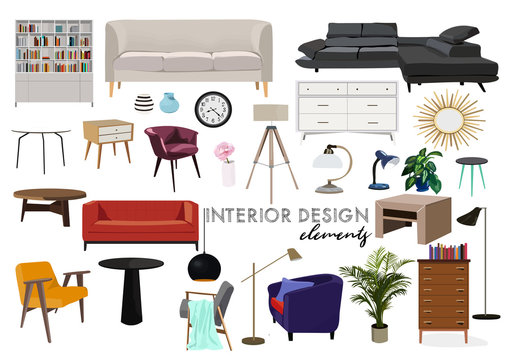 vector interior design illustration. collection set of elements. designer trendy furniture. table chair sofa lamp mirror plant chest table armchair. modern and retro. contemporary danish. mid century