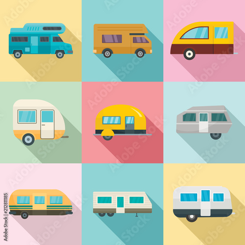 Fotografía Motorhome car trailer camp house icons set