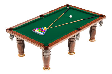 Poster - Billiard table with balls and cue, 3D rendering