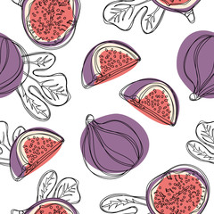 Fresh figs seamless pattern. Fruit with half and quarter isolated on white background.