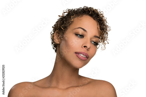 Fotografie, Obraz Head Shot of a Beautiful Woman Isolated on White