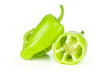 Group of one whole two halves of light green bell pepper isolated on white.