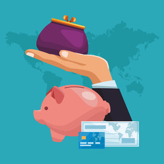 Piggy credit card and bank check with hand holding piggy over world map vector illustration graphic design