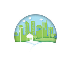 Poster - Eco friendly urban city on nature scene landscape background.Ecology and environment conservation concept idea.Paper art style vector illustration.
