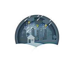 Aufkleber - Raining day on the city.Rainy season monsoon background paper art style.Vector illustration.
