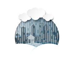 Aufkleber - Monsoon background with rainy season and cityscape on raining day.Paper art style vector illustration.