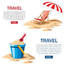 Bucket And Spade. Red Beach Chair With Umbrella. Wooden Chair And Plastic Toy On Sand. Summer Icon. Flat Vector Illustration On White Background. Travel Concept Design For Website Or Advertising