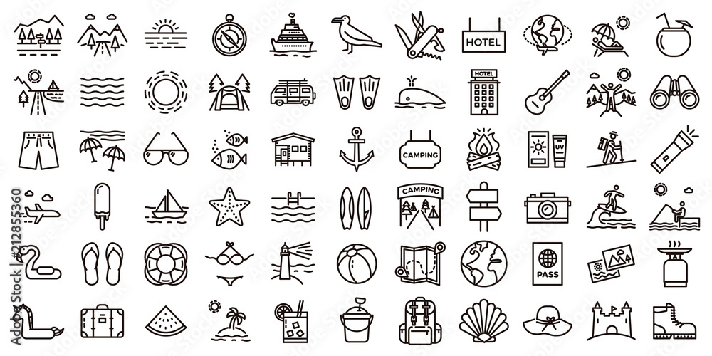 Big summer vacations icon set. Vector thin line illustrations with objects, activities and places related with traveling, tourism, outdoors in the beach and mountain, camping, resorts and hotels. - obrazy, fototapety, plakaty 