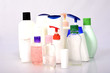 Many white plastic bottles on white background.