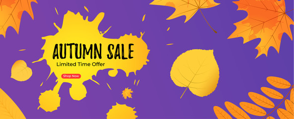 Wall Mural - vivid autumn sale banner template with yellow and orange leaves