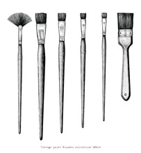 Vintage Paint Brushes Set Hand Drawing Clip Art Isolated On White Background