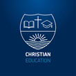 Logo for church or christianity education, open book, cross, square academic cap and sun on river. Christian university or sunday school learning line art sign template design. Vector illustration
