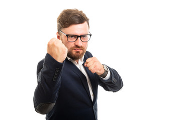 Wall Mural - Portrait of angry business man showing both fists gesture.