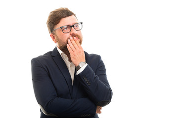 Wall Mural - Portrait of business man showing reflecting gesture.