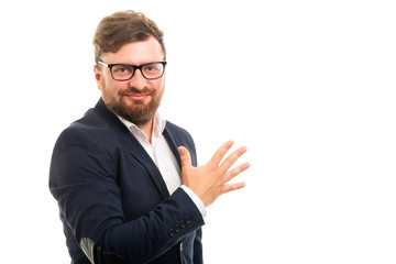 Wall Mural - Portrait of business man showing number five with fingers.