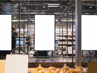 blank poster frame template in supermarket blur people at cashier advertising banner