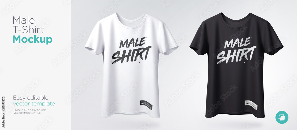 Men's white and black t-shirt with short sleeve mockup. Front view. Vector template. - obrazy, fototapety, plakaty 