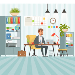 Poster - Workspace of busy businessman. Boss or company manager sitting at table