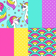 Cute set of childish seamless patterns with cartoon character of magic unicorn