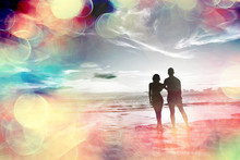 Silhouette In Love Sunset Sea / Newlyweds In Honeymoon At Sea, Vacation Luck Summer Sea Beach, Silhouette Couple At Sunset