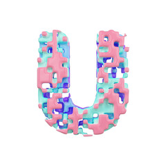Aufkleber - Alphabet letter U uppercase. Geometric font made of cubic blocks. 3D render isolated on white background.