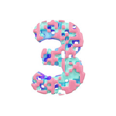 Aufkleber - Alphabet number 3. Geometric font made of cubic blocks. 3D render isolated on white background.
