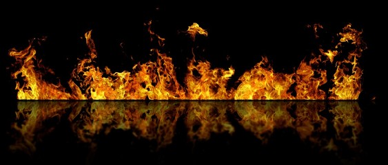 Real line of fire flames with reflection isolated on black background. Mockup on black of wall of fire.