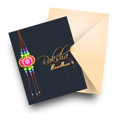 Sticker - Happy Raksha Bandhan black greeting card design with beautiful rakhi (wristband) and envelope.  