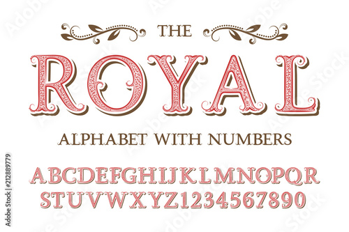 Foto Royal alphabet with numbers in old english vintage style.