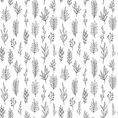 Wall Mural - Floral vector pattern with hand drawn leaves, branches and twigs. Vintage botanical seamless background.