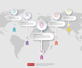 Poster - 5 steps infographic. timeline design template with 3D paper label and world map background. Business concept with options. For content, diagram, flowchart, steps, parts, workflow layout, chart