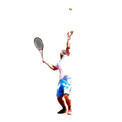 Sticker - Tennis player serving ball, low poly vector illustration. Isolated vector geometric drawing