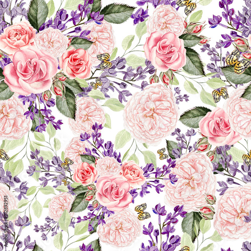 Seamless pattern with watercolor  lilac and roses flowers.