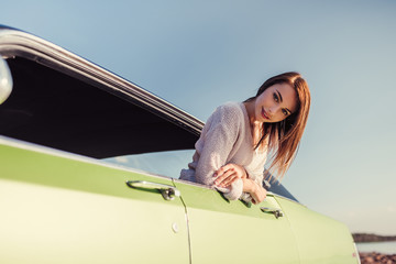 Wall Mural - Woman with retro car