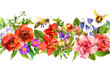 Bees, meadow flowers, summer grasses, wild leaves. Repeating floral horizontal border. Watercolor