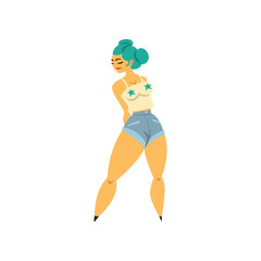 Sticker - Beautiful curvy, overweight girl with blue dyed hair in fashionable clothes, plus size woman pinup model vector Illustration