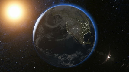 space view on planet earth and sun star rotating on its axis in black universe. seamless loop with d