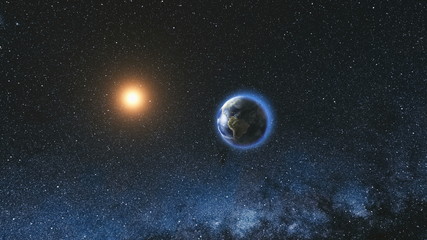 Wall Mural - space view on planet earth and sun star rotating on its axis in black universe. milky way in the bac