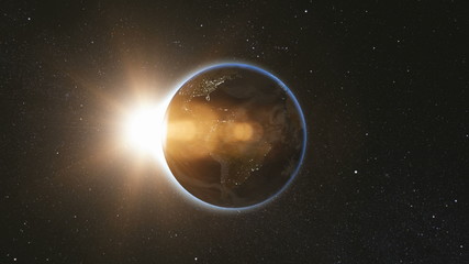 Wall Mural - space view on planet earth and sun star rotating on its axis in black universe. seamless loop with d