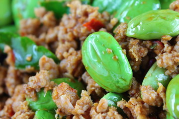 Canvas Print - fried pork with stink bean food in thailand