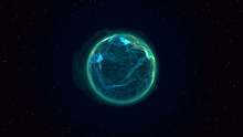 Blue Plasma Planet In Space. Rotating  Energy Ball With Beautiful Energy Charges. Water Planet