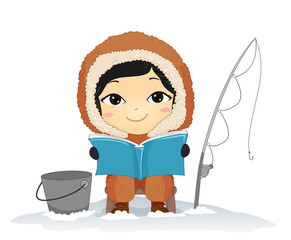 Wall Mural - Kid Boy Eskimo Read Book Fishing Illustration