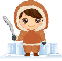 Wall Mural - Kid Boy Hold Snow Saw Illustration