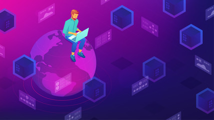 Poster - isometric big data architect designer working on laptop sitting on the globe. big data architecture,