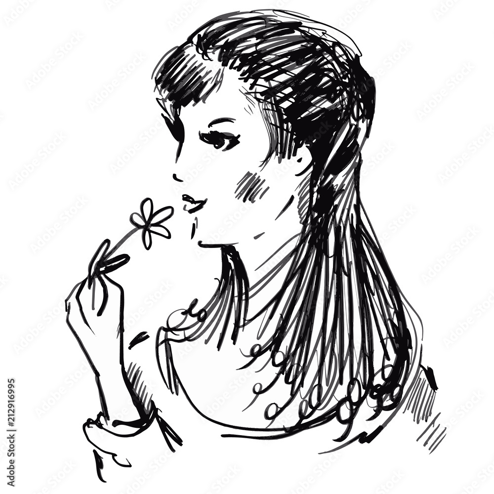 Sketch portrait of a young pretty girl with flower in her hand ...