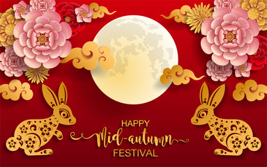 Wall Mural - Mid Autumn Festival with paper cut art and craft style on color Background.