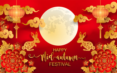 Wall Mural - Mid Autumn Festival with paper cut art and craft style on color Background.