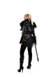 © faestock - full length portrait of blonde girl wearing lack fantasy warrior outfit. standing pose wit bak to the camera. isolated on white studio background.