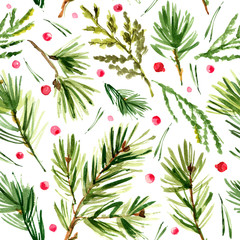 Pattern Christmas ornaments from the branches painted with watercolors on white background. Branches of trees. Holly sprigs with red berries.