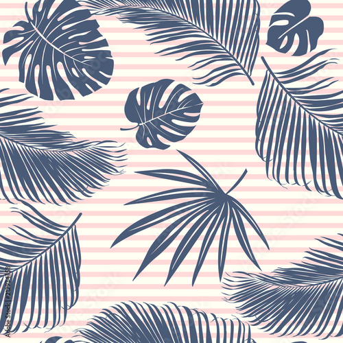 Fototapeta na wymiar Summer Navy pink tropical forest leaves bright mood on sky blue stripe seamless pattern for fashoin fabric, wallpaper and card.